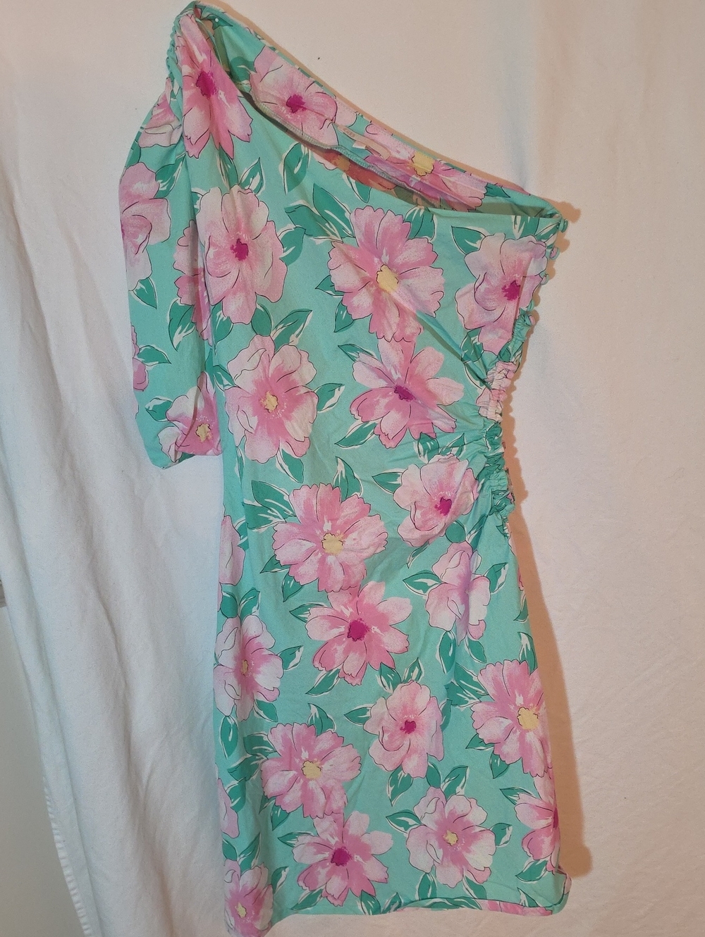 Gianni Bini One-Shoulder Floral Dress in Mint and Pink